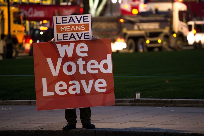 Een voorstander van de brexit staat met twee borden in Londen: ‘we stemden om te vertrekken’ en ‘vertrekken’ betekent ‘vertrekken'.