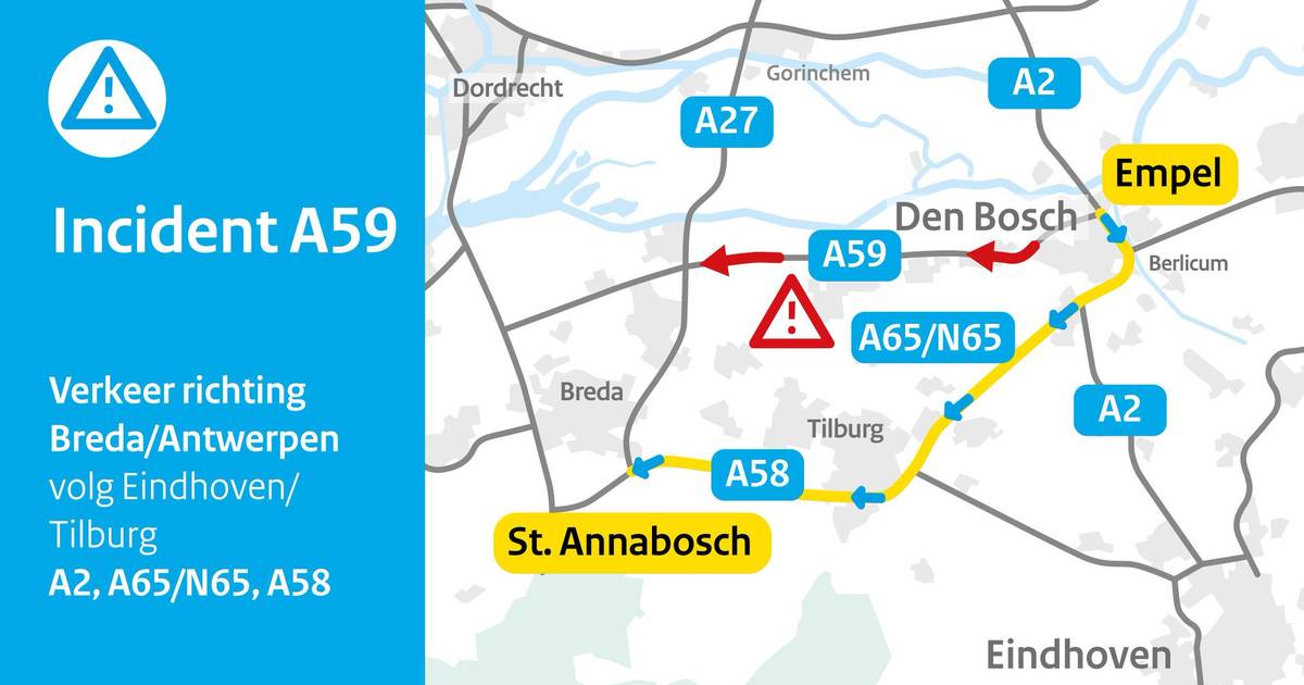 Ongeluk met meerdere voertuigen op A59: wegverkeer wordt omgeleid.