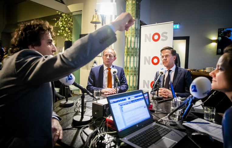 (vlnr) Jesse Klaver (Groenlinks), Kees van der Staaij (SGP) en Premier Mark Rutte tijdens het NOS verkiezingsdebat op NPO Radio 1. Beeld ANP
