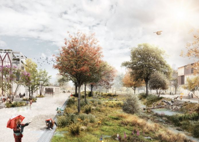 Een mogelijke invulling van een buurtplein met levendige functie en watertoevoer vanuit de wijk.