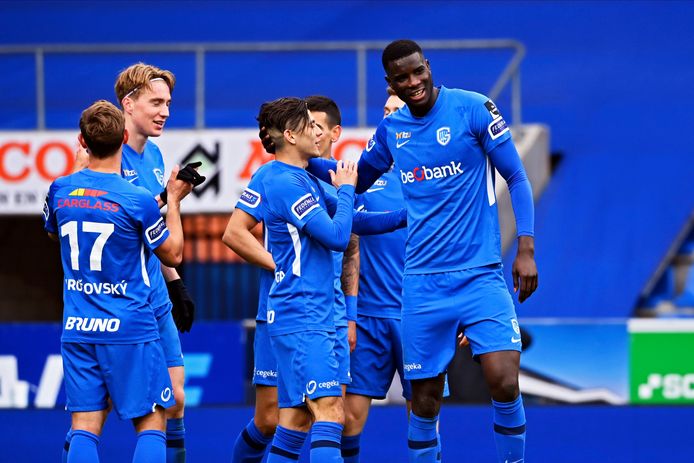 GENK, BELGIUM - APRIL 11 : Paul Onuachu forward of Genk celebrates after scoring during the Jupiler Pro League match between KRC Genk and Sint-Truidense VV on April 11, 2021 in Genk, Belgium, 11/04/2021 ( Photo by Vincent Kalut / Photonews