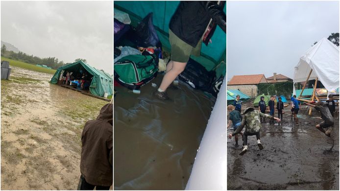Terwijl de scouts van Kalmthout en Hansbeke tot aan hun enkels in het water stonden, maakten de leden van de KSA van Rumbeke van de nood een deugd en speelden ze volop in de modder.