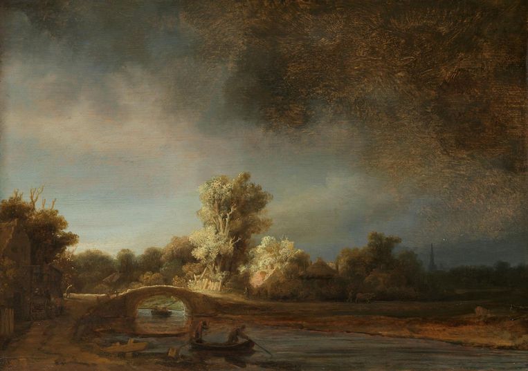 Het schilderij Landschap met Stenen Brug van Rembrandt. Beeld Rijksmuseum