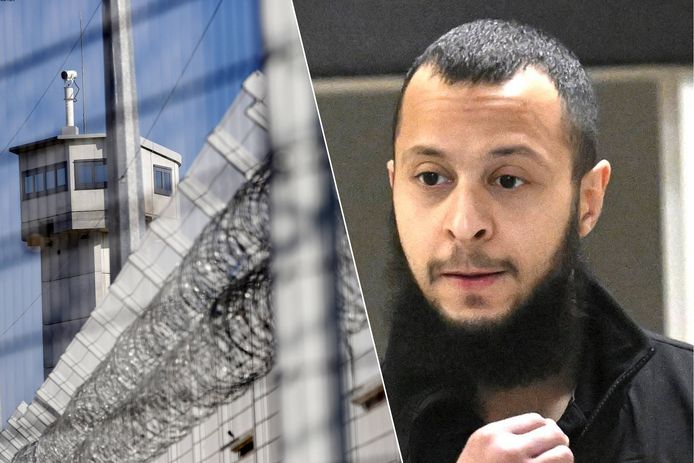 Links een foto van de gevangenis in Réau, rechts de veroordeelde terrorist Salah Abdeslam.