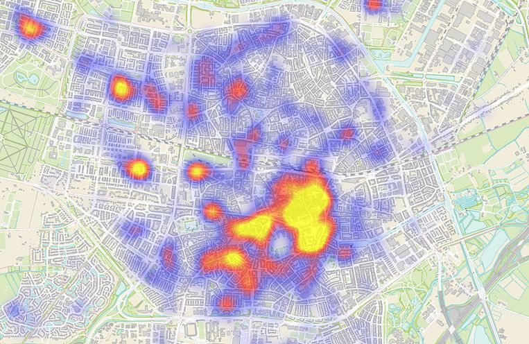 In de geel gekleurde Tilburgse wijken wordt het meest ingebroken, blijkt uit de analyses van de afdeling ‘Intelligence’van de gemeente Beeld Gemeente Tilburg