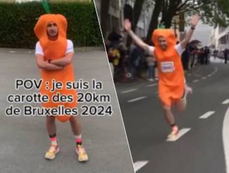 Straffe prestatie: Basile loopt - verkleed als wortel - op kop van loopwedstrijd 20 km door Brussel