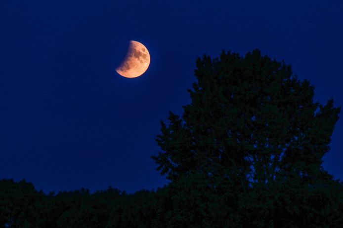 De gedeeltelijke maansverduistering was vanavond goed te zien, onder andere in Hoeksche-Waard.