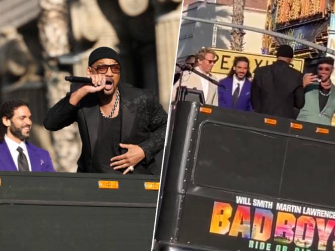 KIJK. Adil El Arbi en Bilall Fallah gaan met Will Smith uit hun dak tijdens verrassingsoptreden op ‘Bad Boys’-première