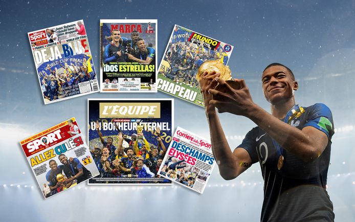 Kylian Mbappé met de beker. Inzetjes: de voorpagina's van Europese sportkranten.