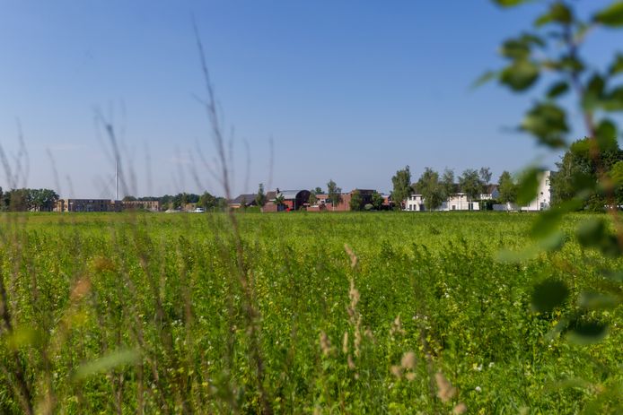 De locatie van het nieuwe politiecomplex in de Eindhovense wijk Meerhoven met op de achtergrond de huizen van Grasrijk