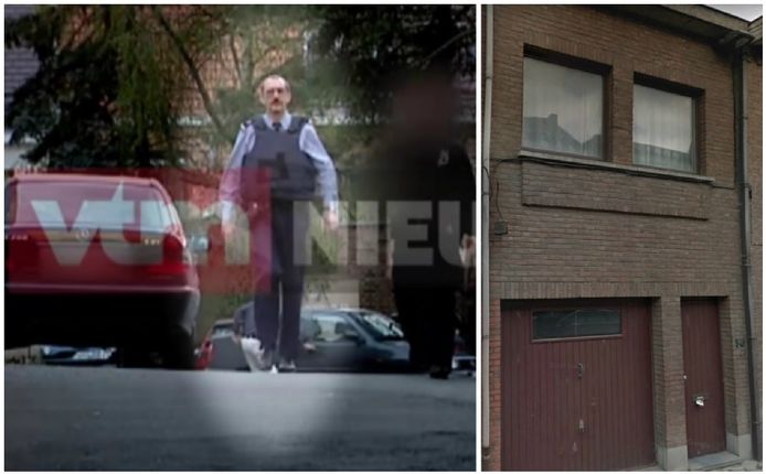 Foto links: VTM Nieuws filmde in 2000 Christiaan B., toen nog rijkswachter, bij de zoektocht naar een ontsnapte crimineel in de regio Aalst. Foto rechts: de bewuste woning aan de Moorselbaan.