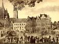 De brand in de toren van de Peperbus in januari 1815, gezien vanaf de Grote Markt. Beeld: