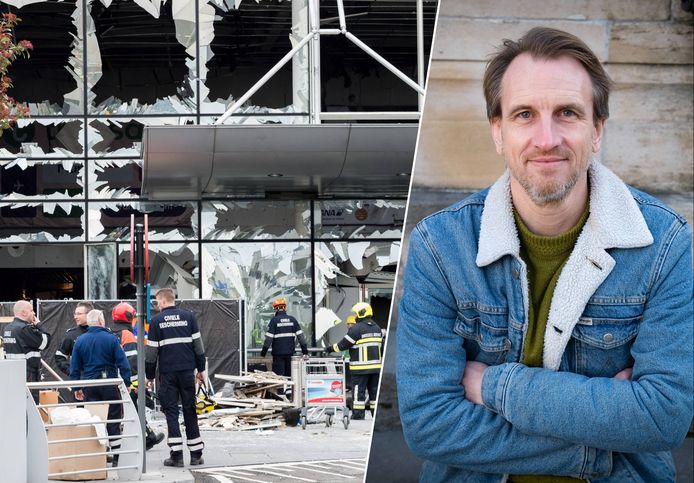 Woensdag 23 maart 2016. De voorkant van Brussels Airport, daags na de aanslagen. Hulpverleners lopen nog steeds af en aan. / Justitieassistent Ronald Detige