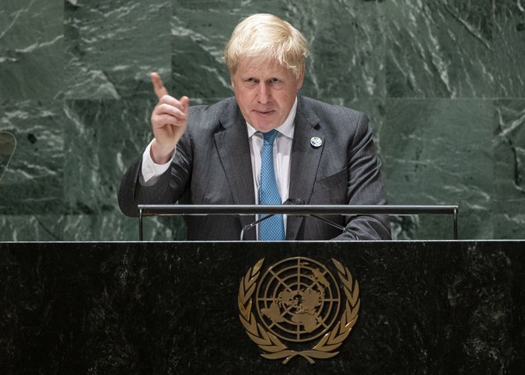 Brits premier Boris Johnson spreekt de Algemene Vergadering van de VN in New York toe.  Beeld Photo News