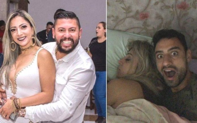 Links: Edison Brittes en zijn vrouw Cristina. Rechts: de foto's die Correa stuurde waarop hij de bewuste nacht in bed lag met Cristina.