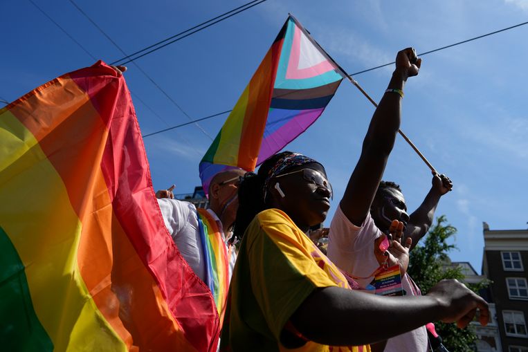 Tijdens de Pride Walk op 30 juli wapperde zowel de regenboogvlag als de Progress Pridevlag in Amsterdam. Beeld AP
