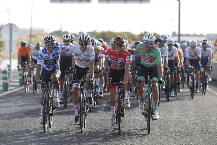 V.l.n.r.: Richard Carapaz, Juan Ayuso, Remco Evenepoel en Mads Pedersen.