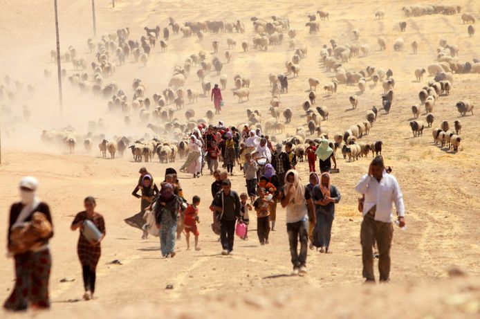 Jezidi's ontvluchten de terreur van IS in hun stad Sinjar (2014).