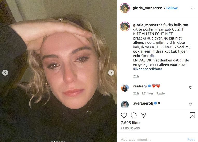 ‘Ik wil zo hard tonen wie ik ben, en toch post ik op Instagram alleen maar foto’s van goede momenten. Dat klopt niet. Daarom die foto van mezelf in tranen.’ Beeld Instagram