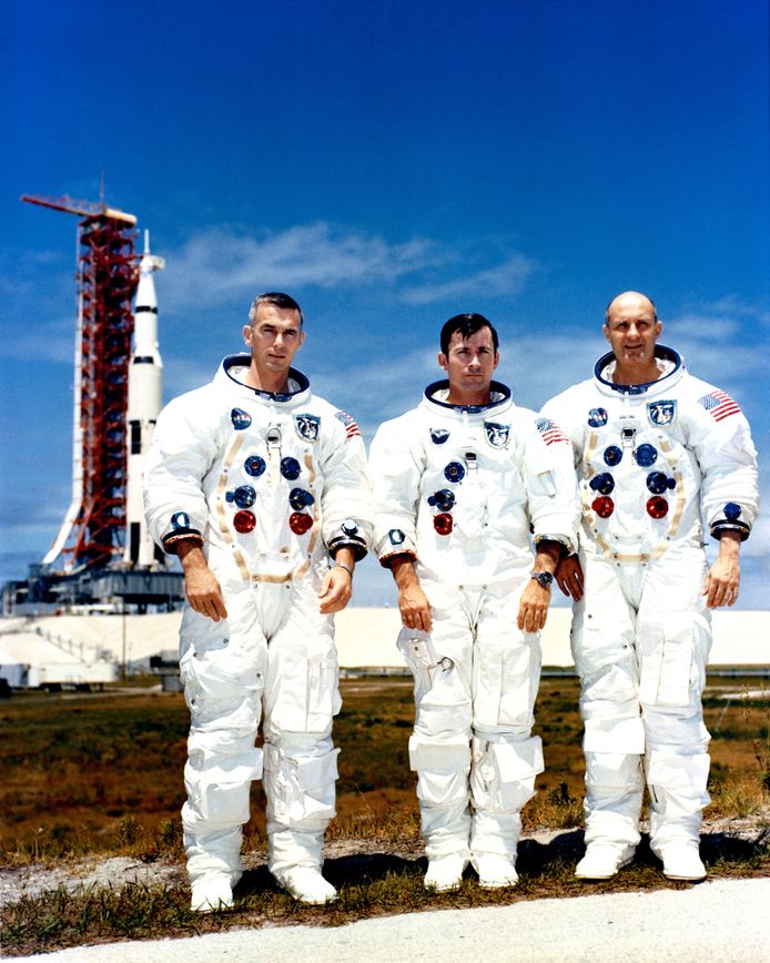 Bemanningsleden van Apollo 10, van links naar rechts: Eugene Cernan, John Young en Thomas Stafford
