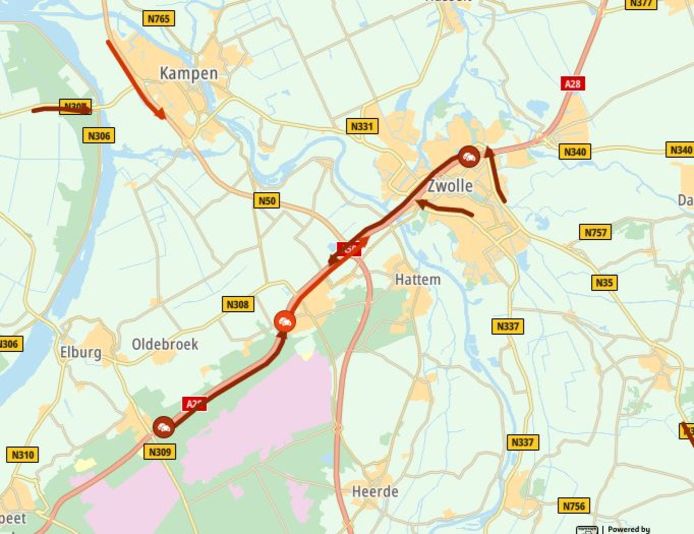 Een drukke avondspits in Zwolle. Wie in de file terecht is gekomen doet minstens een half uur langer over de reis.