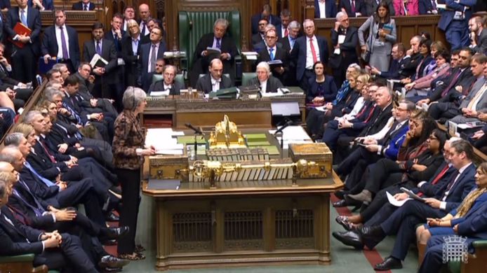 De Britse premier Theresa May in het Lagerhuis.
