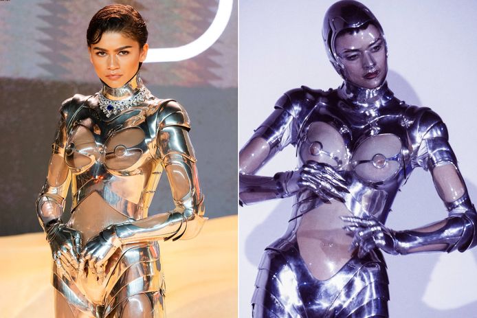 Links: Zendaya op de wereldpremière van ‘Dune: Part Two’ in Londen op 15 februari 2024. Rechts: Hetzelfde robotpak van Thierry Mugler uit zijn herfstcollectie in 1995.