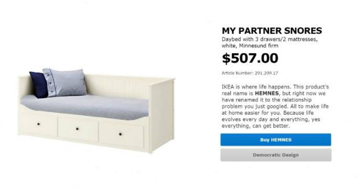 plak Ministerie Retentie Het "Mijn Man Snurkt"-bed: Ikea hernoemt items naar klassieke  relatieproblemen | Seks & Liefde | hln.be