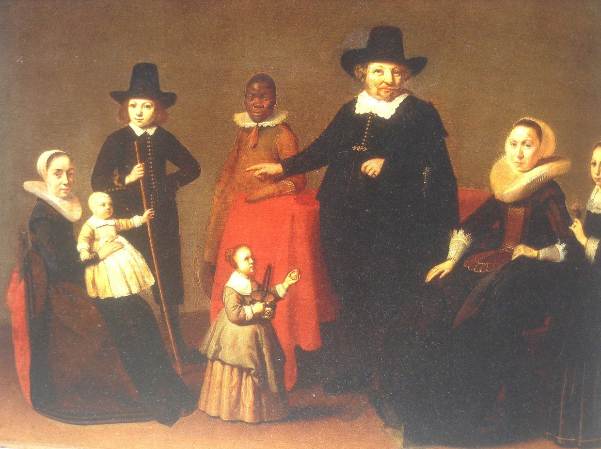 Portret door Willem Duyster van een onbekende familie met een Afrikaanse man, ca 1632, in bezit van het Rijksmuseum (fragment) Beeld wb