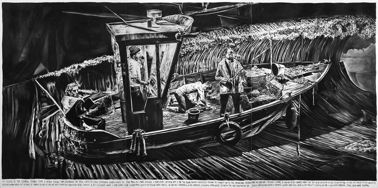 Een houtskooltekening van Rinus Van de Velde (2016), waarin hij zelf het dek schrobt, omgeven door vrienden. Beeld Tim Van Laere Collection, Antwerp