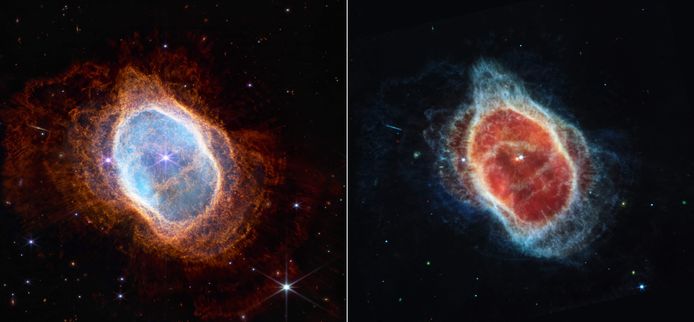 De ‘zuidelijke Ringnevel’, gefotografeerd door twee Webb-instrumenten (links door Nircam op wat kortere golflengten en rechts door Miri op langere golflengten), is een langzaam uitdijende schil van sterrengas op een afstand van ongeveer 2.000 lichtjaar (één lichtjaar is zo’n 9,5 biljoen kilometer).

De nevel is duizenden jaren geleden uitgestoten door de stervende ster in het centrum. In zo’n afkoelende nevel ontstaan minuscule stofdeeltjes en verschillende moleculen, waaronder koolwaterstofverbindingen die aan de basis liggen van het leven. Over een kleine vijf miljard jaar zal ook onze eigen zon opzwellen tot een rode reuzenster en net zo’n uitdijende nevel het heelal in blazen.