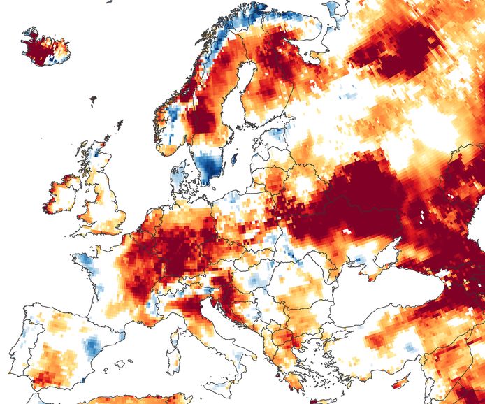 Deze kaart toont een iets positiever beeld in heel Europa, met dank aan recente regenval.