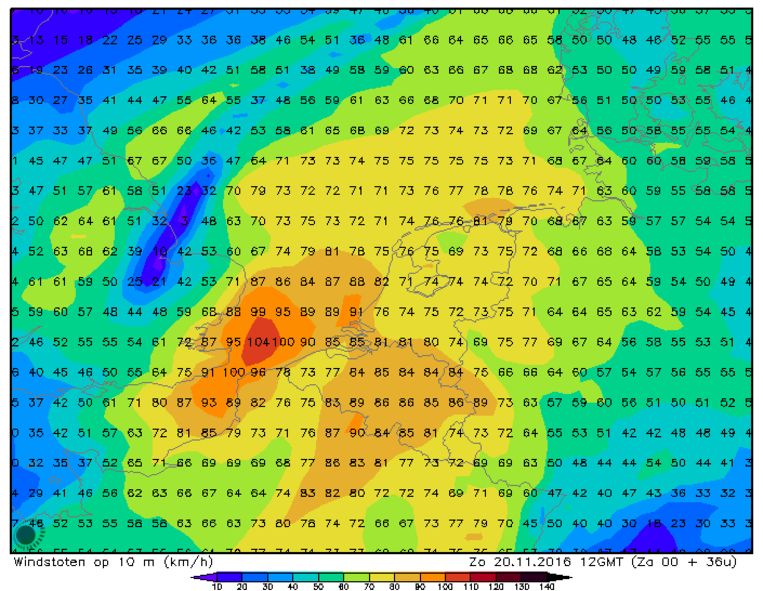 De windsnelheden rond het middaguur Beeld weeronline.nl