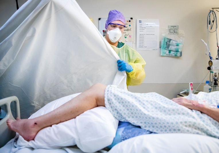 Een verpleegkundige verzorgt een patiënt met corona in Utrecht.   Beeld ANP