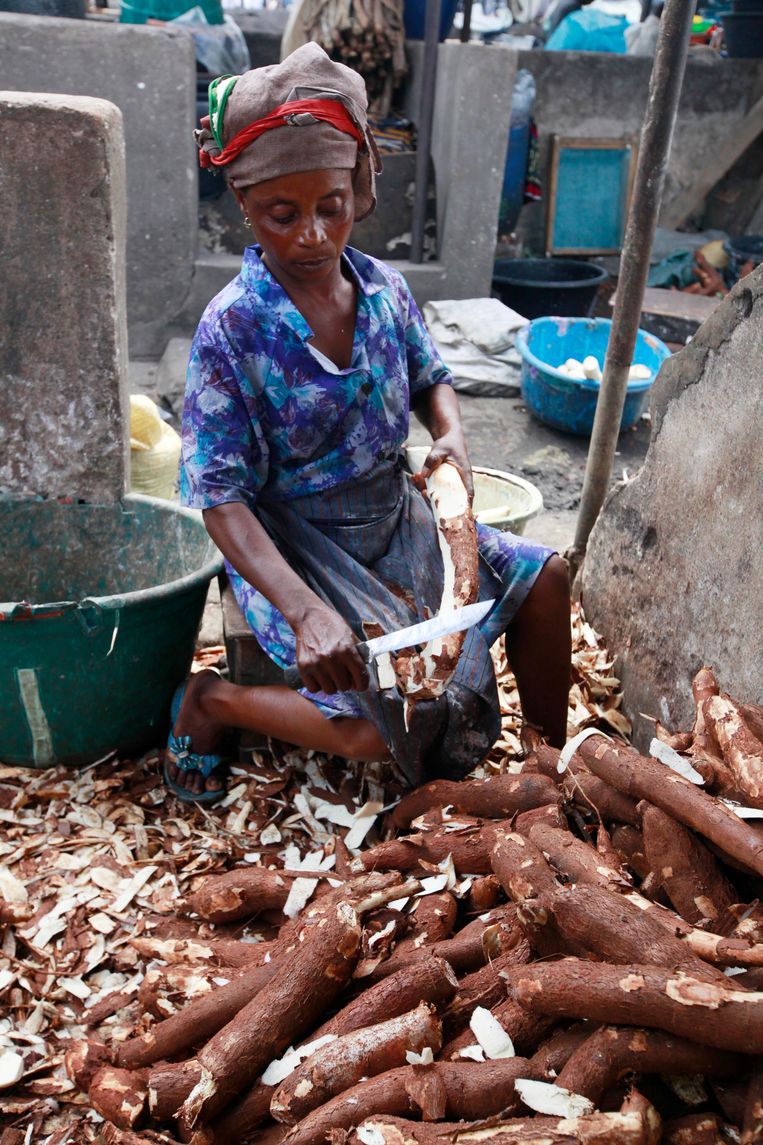 Een vrouw pelt cassave. Ze maakt er meel van om op de markt in de Nigeriaanse stad Lagos te verkopen.
 Beeld AP