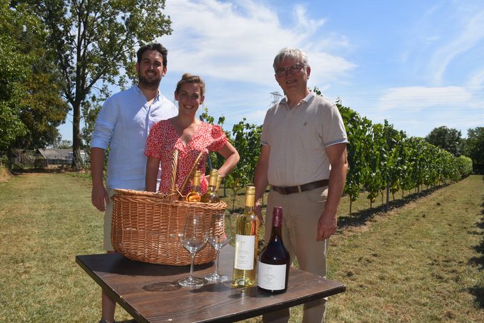 Paul Nijsthoven (r), samen met dochter Karolien en zoon Dieter in hun wijngaard, die ze zelf aanlegden.