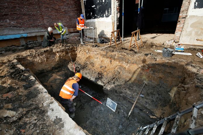 Archeoloog Hans Veenstra staat in de put waarin de bakken met organisch materiaal liggen.