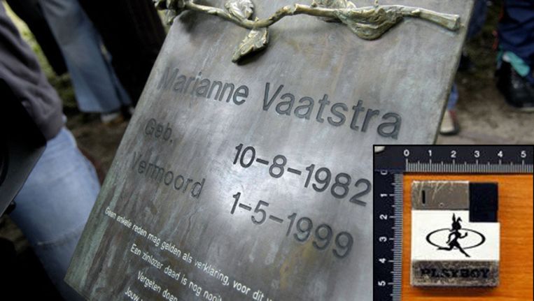 Het monument voor de vermoorde Marianne Vaatstra, met rechtsonder (inzet) de aansteker die veel tips opleverde. Beeld ANP/OM