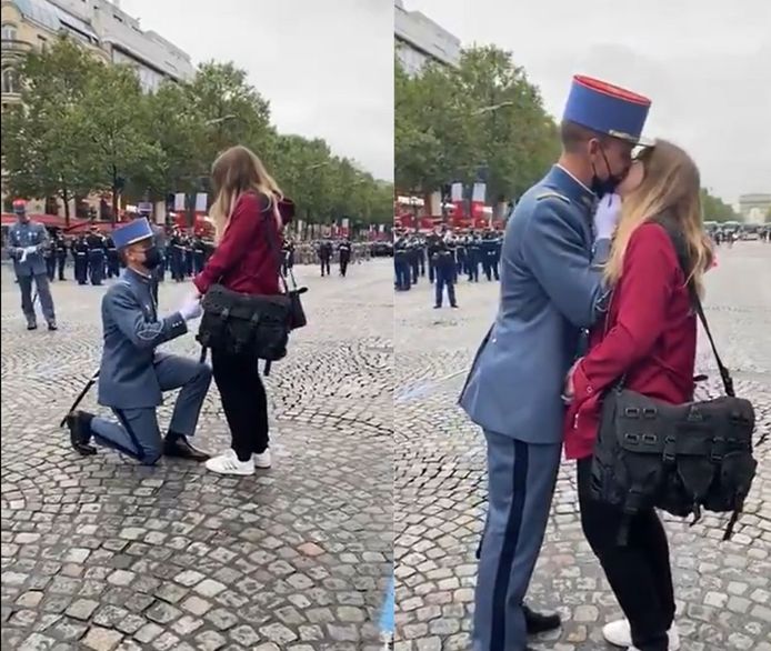 Le soldat a demandé sa compagne en mariage juste avant de rejoindre son régiment pour le traditionnel défilé.