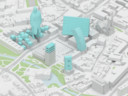 Inspiratiebeeld uit studie Winy Maas met onder meer de letter E op het oude kantongerecht, de voorover hellende toren op Begijnenhof 35 en de tribune op The Wall, de noordwand van het Stadhuisplein. Op plek van het Stadskantoor een handvol suikerklontjes waar Anton Philips bovenuit torent. Hier zou een hoge woontoren in de maak zijn.