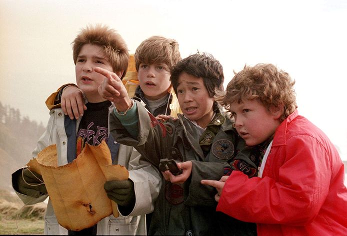 Sean Astin, Corey Feldman, Jeff Cohen, en Ke Huy Quan in 'The Goonies' (1985)