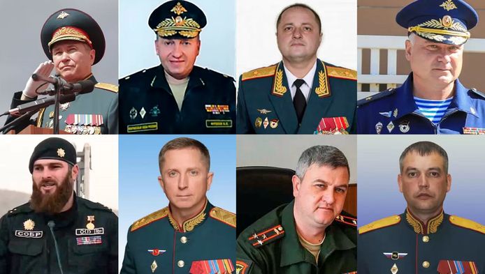 De acht generaals van wie de Oekraïners eerder al beweerden dat ze zijn omgekomen.  Bovenste rij: Mordvichev, Frolov, Mityaev , Sukhovetski. Onderste rij:  Tushayev, Rezantsev, Kolesnikov, Gerasimov.