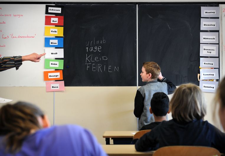 Duitse les op de Nederlandse basisschool Bosdael, dichtbij de Nederlands-Duitse grens. Duitsland investeert zeventig keer zoveel in het internationale landstaalbeleid als Nederland en Vlaanderen. Beeld Marcel van den Bergh / de Volkskrant