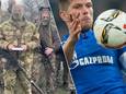 Strijders van de Gazprom-militie 'Potok' (links) en een voetballer van Schalke 04 toen die club door Gazprom werd gesponsord.