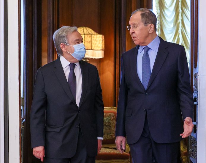 VN-secretaris-generaal Antonio Guterres en de Russische minister van Buitenlandse Zaken Sergej Lavrov