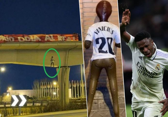De pop van Vinicius Jr die gisteravond aan een brug in Madrid bengelde.