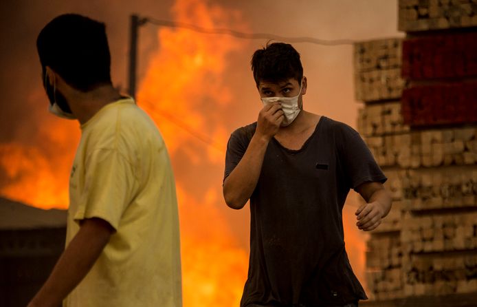 Mannen dragen maskers ter bescherming tegen de gevaarlijke stoffen die bij de brand in Constitucion vrijkomen. Tien mensen zijn al omgekomen bij de grootste bosramp ooit in Chili.