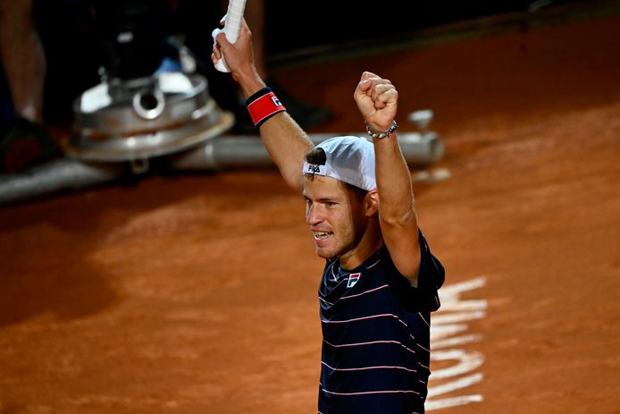 Argentina's Diego Schwartzman celebrates after defeating Spain's Rafael Nadal in their quarter final match of the Men's Italian Open at Foro Italico on September 19, 2020 in Rome, Italy. (Photo by Riccardo Antimiani / POOL / AFP)