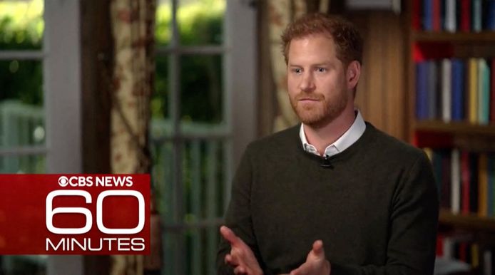 Capture d'écran du prince Harry lors d'un interview par l'animateur Anderson Cooper sur la chaîne américaine CBS pour l'émission "60 Minutes" avant la sortie de son autobiographie, aux États-Unis.