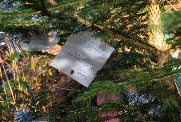 'Voor allen voor wie deze periode niet makkelijk is door verlies van een naaste. Ome Henk, Rietje zou trots op je zijn. Dikke Knuffel’, staat er op een van de vele kaartjes die aan de kerstboom voor Rietje zijn gehangen.